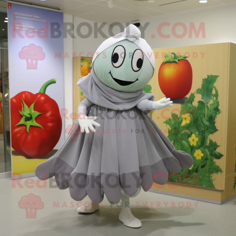 Gray Tomato mascot costume character dressed with a Pleated Skirt and Shawls