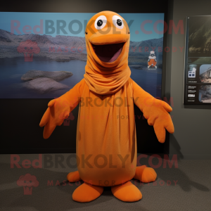 Orange Loch Ness Monster mascot costume character dressed with a Wrap Skirt and Shawl pins