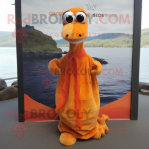 Orange Loch Ness Monster mascot costume character dressed with a Wrap Skirt and Shawl pins