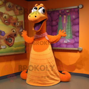 Orange Loch Ness Monster mascot costume character dressed with a Wrap Skirt and Shawl pins