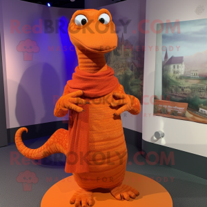 Orange Loch Ness Monster mascot costume character dressed with a Wrap Skirt and Shawl pins