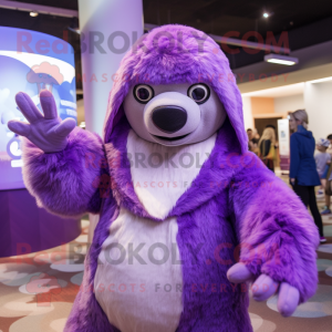 Purple Giant Sloth mascot costume character dressed with a Blouse and Beanies