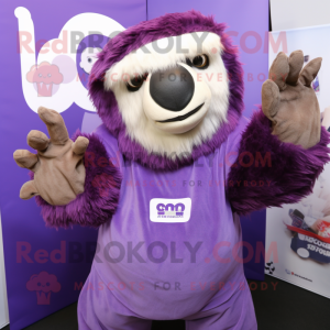 Purple Giant Sloth mascot costume character dressed with a Blouse and Beanies