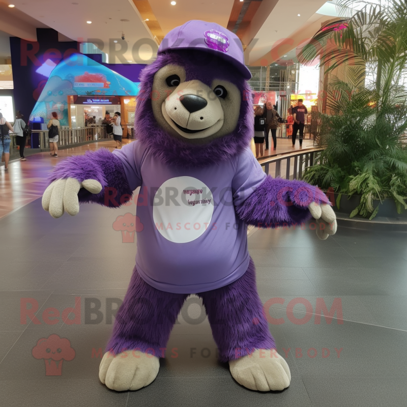 Purple Giant Sloth mascot costume character dressed with a Blouse and Beanies