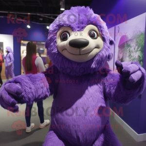 Purple Giant Sloth mascot costume character dressed with a Blouse and Beanies