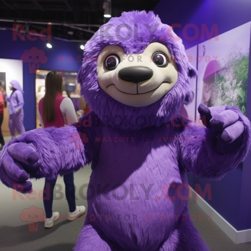 Purple Giant Sloth mascot costume character dressed with a Blouse and Beanies Purple Giant Sloth mascot costume character dressed with a Blouse and Beanies
