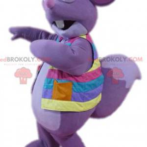 Purple squirrel mascot with his multicolored jacket -