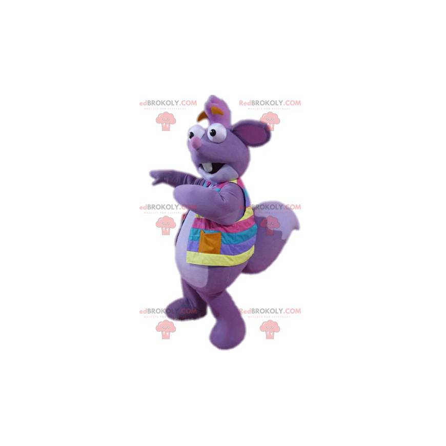 Mascota de la ardilla púrpura con su chaqueta multicolor -