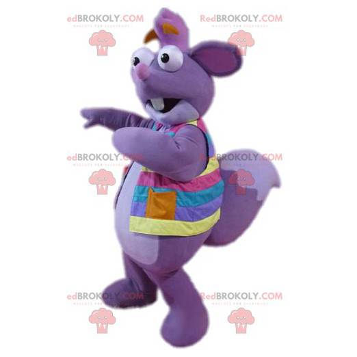 Mascote do esquilo roxo com sua jaqueta multicolorida -