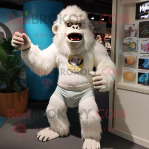 White Gorilla mascot costume character dressed with a Bermuda Shorts and Hairpins