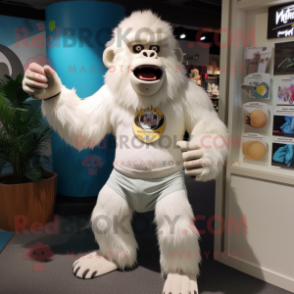 White Gorilla mascot costume character dressed with a Bermuda Shorts and Hairpins