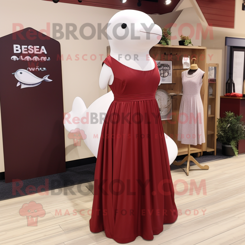 Maroon Beluga Whale mascot costume character dressed with a Empire Waist Dress and Earrings