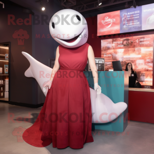 Maroon Beluga Whale mascot costume character dressed with a Empire Waist Dress and Earrings