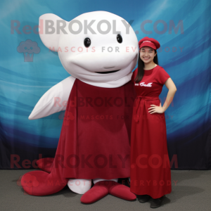 Maroon Beluga Whale mascot costume character dressed with a Empire Waist Dress and Earrings