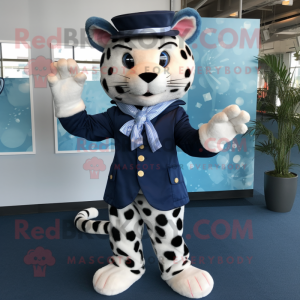 Navy Leopard mascot costume character dressed with a Dress and Bow ties