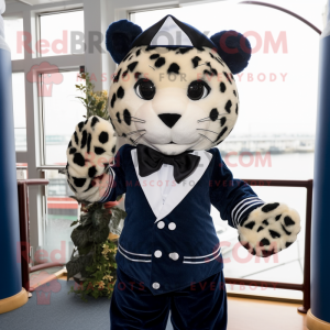 Navy Leopard mascot costume character dressed with a Dress and Bow ties