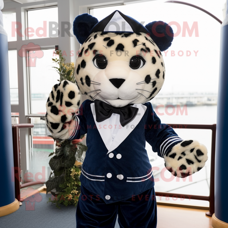 Navy Leopard mascot costume character dressed with a Dress and Bow ties
