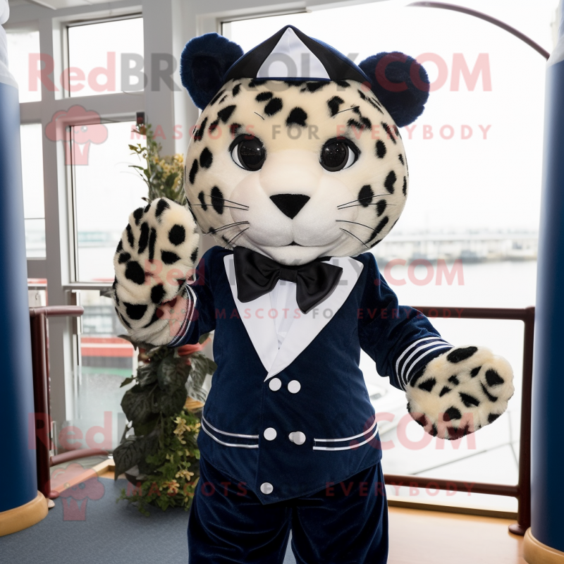 Navy Leopard mascot costume character dressed with a Dress and Bow ties Navy Leopard mascot costume character dressed with a Dress and Bow ties