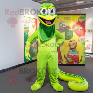 Lime Green Python mascot costume character dressed with a Dungarees and Headbands