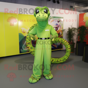 Lime Green Python mascot costume character dressed with a Dungarees and Headbands