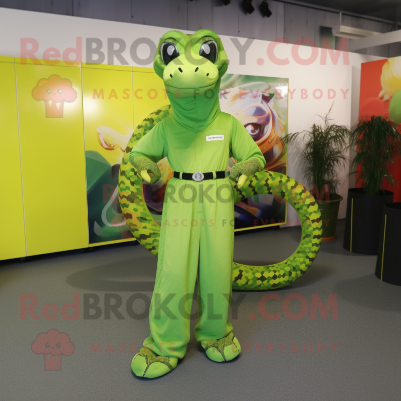 Lime Green Python mascot costume character dressed with a Dungarees and Headbands Lime Green Python mascot costume character dressed with a Dungarees and Headbands