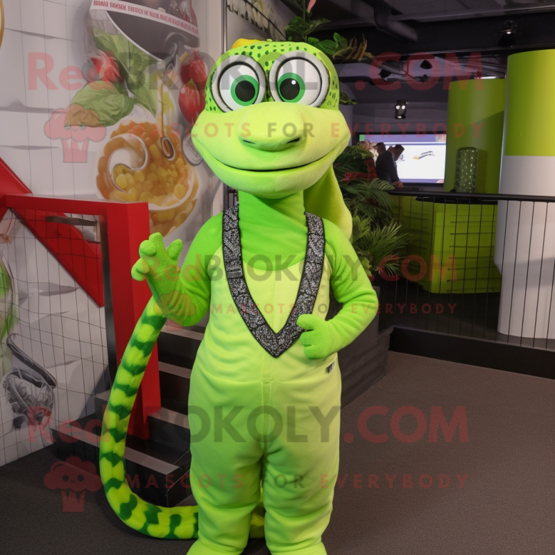 Lime Green Python mascot costume character dressed with a Dungarees and Headbands Lime Green Python mascot costume character dressed with a Dungarees and Headbands