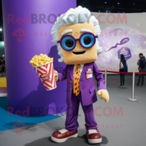 Purple Pop Corn mascot costume character dressed with a Flare Jeans and Pocket squares