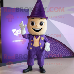 Purple Pop Corn mascot costume character dressed with a Flare Jeans and Pocket squares