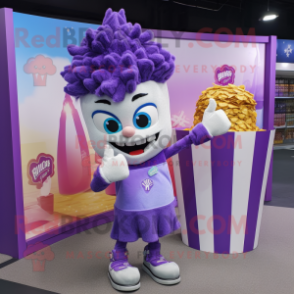 Purple Pop Corn mascot costume character dressed with a Flare Jeans and Pocket squares