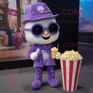Purple Pop Corn mascot costume character dressed with a Flare Jeans and Pocket squares