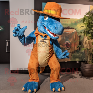 Rust Iguanodon mascot costume character dressed with a Flare Jeans and Hats