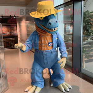 Rust Iguanodon mascot costume character dressed with a Flare Jeans and Hats