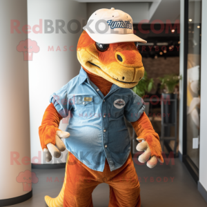 Rust Iguanodon mascot costume character dressed with a Flare Jeans and Hats