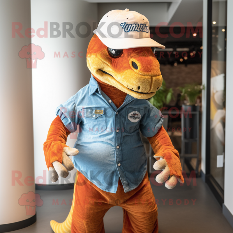 Rust Iguanodon mascot costume character dressed with a Flare Jeans and Hats Rust Iguanodon mascot costume character dressed with a Flare Jeans and Hats