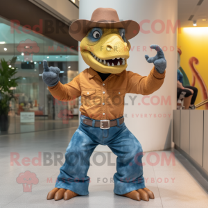 Rust Iguanodon mascot costume character dressed with a Flare Jeans and Hats