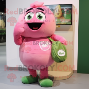 Olive Pink mascot costume character dressed with a T-Shirt and Clutch bags