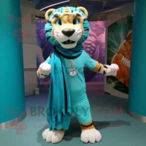 Turquoise Saber-Toothed Tiger mascot costume character dressed with a Skirt and Scarf clips