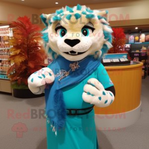 Turquoise Saber-Toothed Tiger mascot costume character dressed with a Skirt and Scarf clips