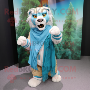 Turquoise Saber-Toothed Tiger mascot costume character dressed with a Skirt and Scarf clips