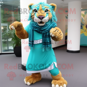 Turquoise Saber-Toothed Tiger mascot costume character dressed with a Skirt and Scarf clips