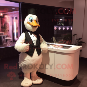 Beige Swan mascot costume character dressed with a Tuxedo and Bracelet watches