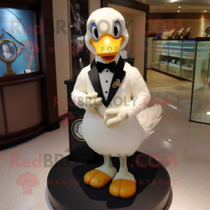 Beige Swan mascot costume character dressed with a Tuxedo and Bracelet watches