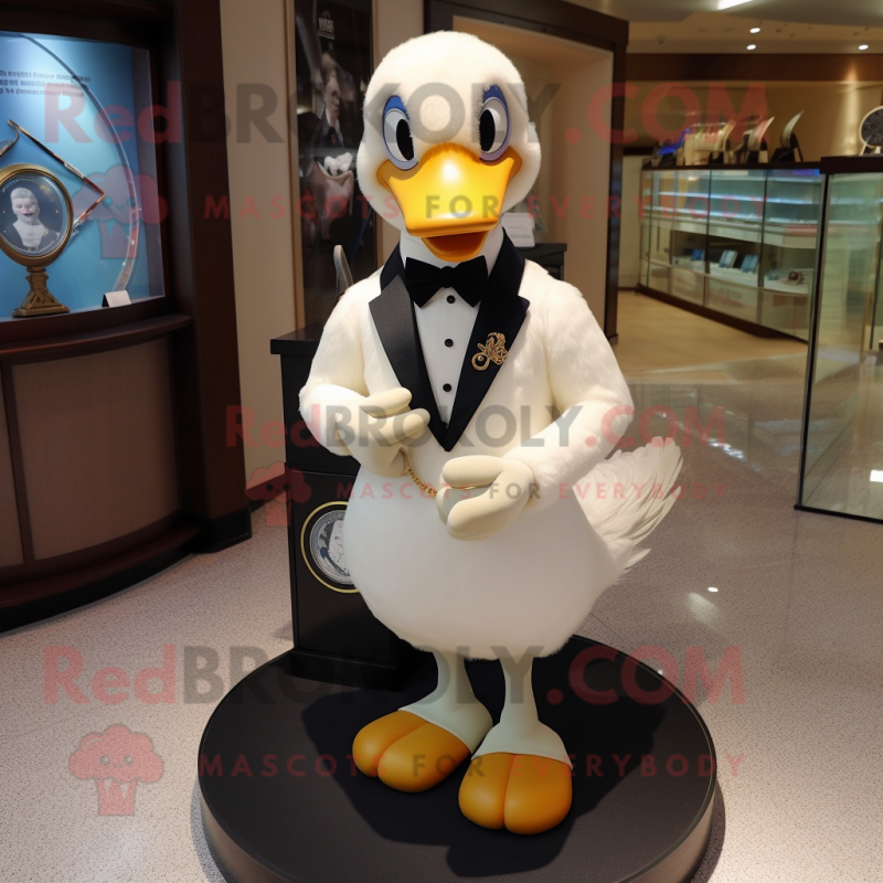 Beige Swan mascot costume character dressed with a Tuxedo and Bracelet watches