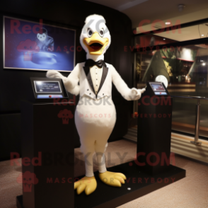 Beige Swan mascot costume character dressed with a Tuxedo and Bracelet watches