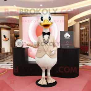 Beige Swan mascot costume character dressed with a Tuxedo and Bracelet watches