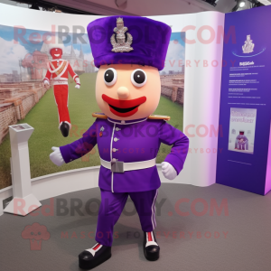 Purple British Royal Guard mascot costume character dressed with a Running Shorts and Keychains