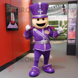 Purple British Royal Guard mascot costume character dressed with a Running Shorts and Keychains