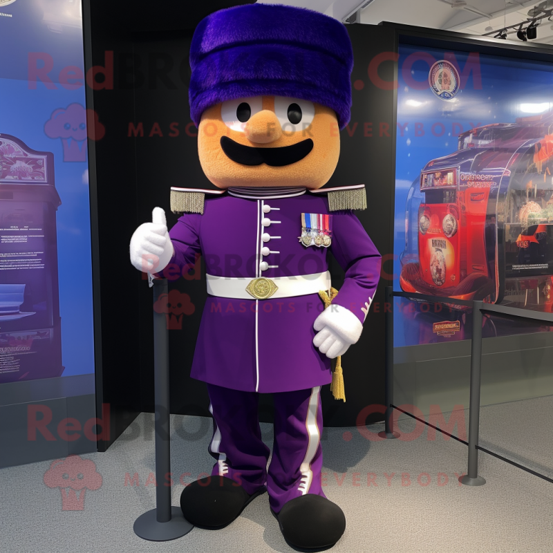 Purple British Royal Guard mascot costume character dressed with a Running Shorts and Keychains Purple British Royal Guard mascot costume character dressed with a Running Shorts and Keychains