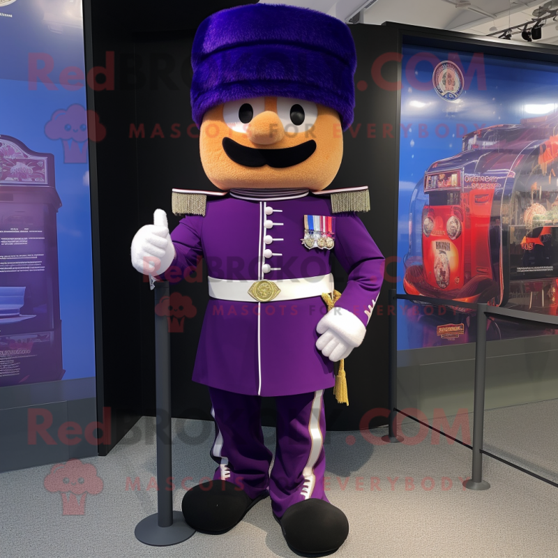 Purple British Royal Guard mascot costume character dressed with a Running Shorts and Keychains