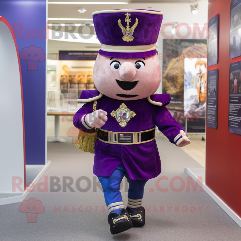 Purple British Royal Guard mascot costume character dressed with a Running Shorts and Keychains Purple British Royal Guard mascot costume character dressed with a Running Shorts and Keychains